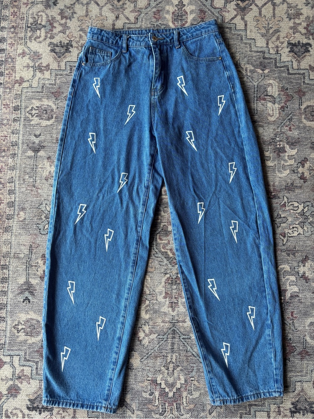 SHEIN Blue Denim Boyfriend Jeans with White Lightning Bolts